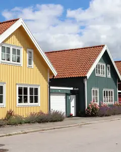 Rad av färgglada trähus med tegeltak längs en gata